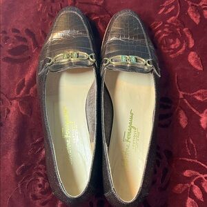Salvatore Ferragamo Brown Vintage Croc-Embossed Brown Flats